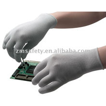 13G nylon knitted seamless ESD glove with white PU on the top of finger.